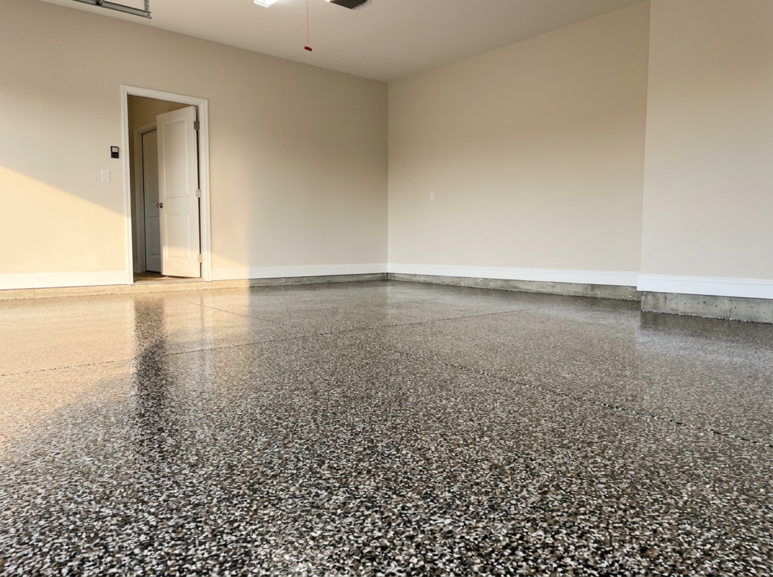 Epoxy flake floor by Bluestone Surfaces: Coyote