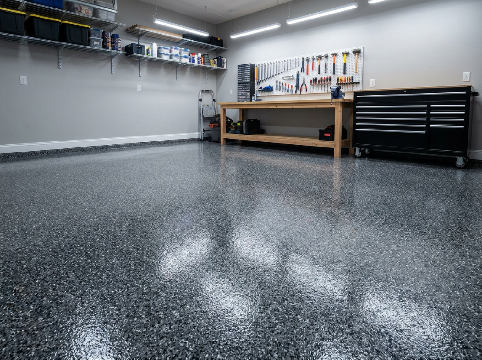 Epoxy flake floor by Bluestone Surfaces: Nightfall