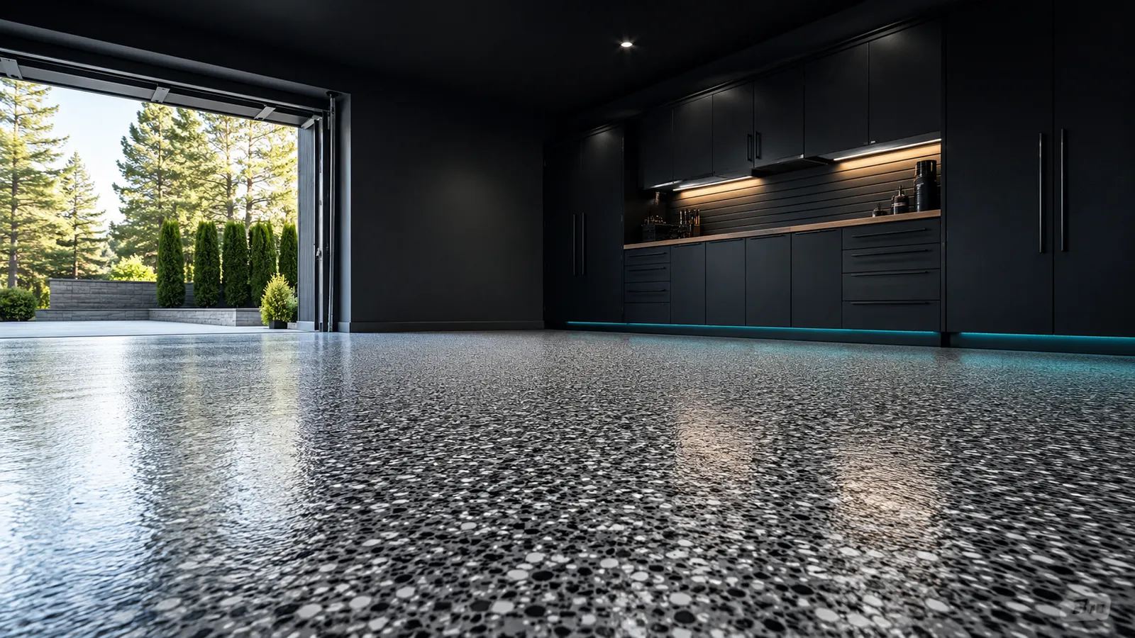 A finished Forever Floor epoxy flake garage floor by Bluestone Surfaces