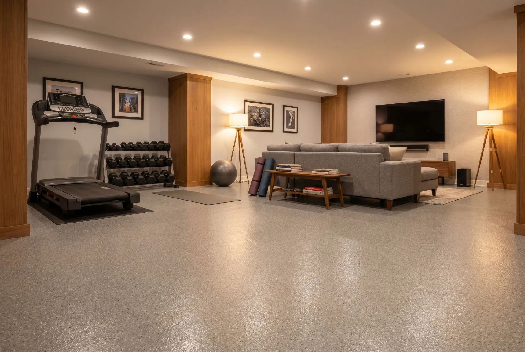 Basement concrete floor finished with a flake coating