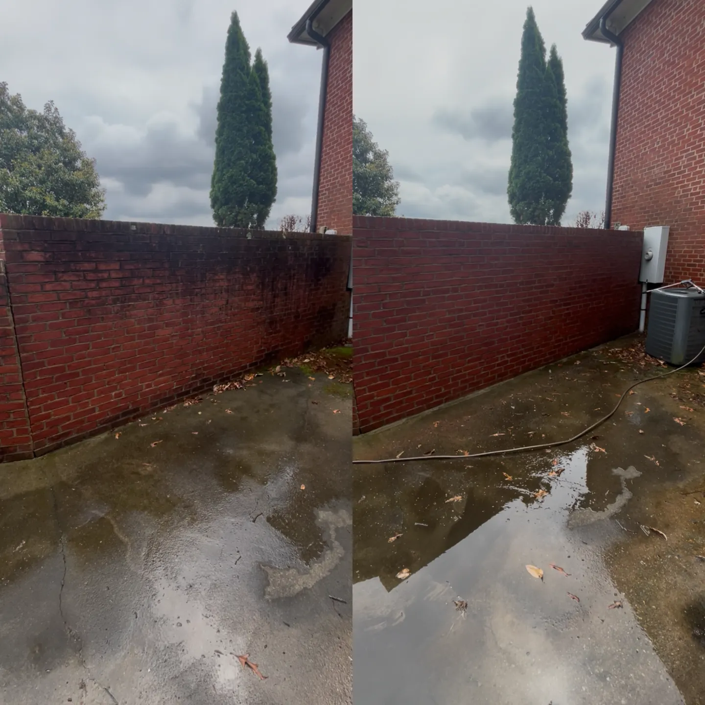 Before and after of a cleaned brick wall