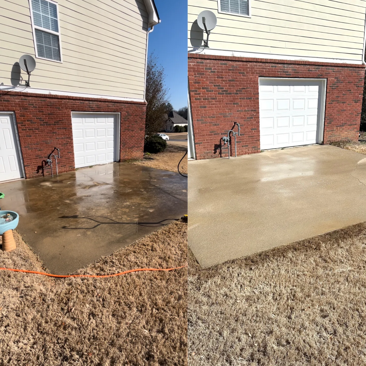 Before and after of a pressure washed garage pad and driveway
