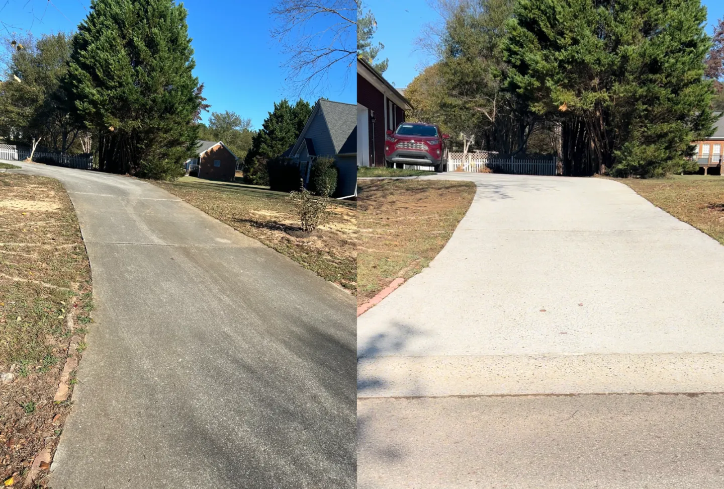 Before and after of a pressure washed concrete slab