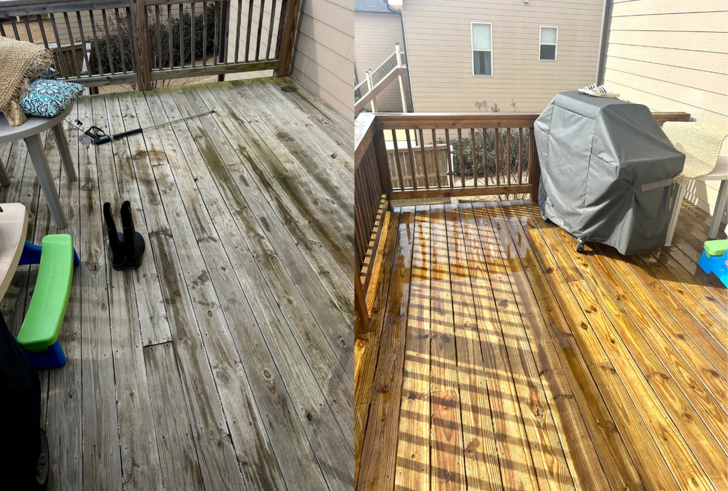 Before and after of a gray weathered deck restored to clean wood