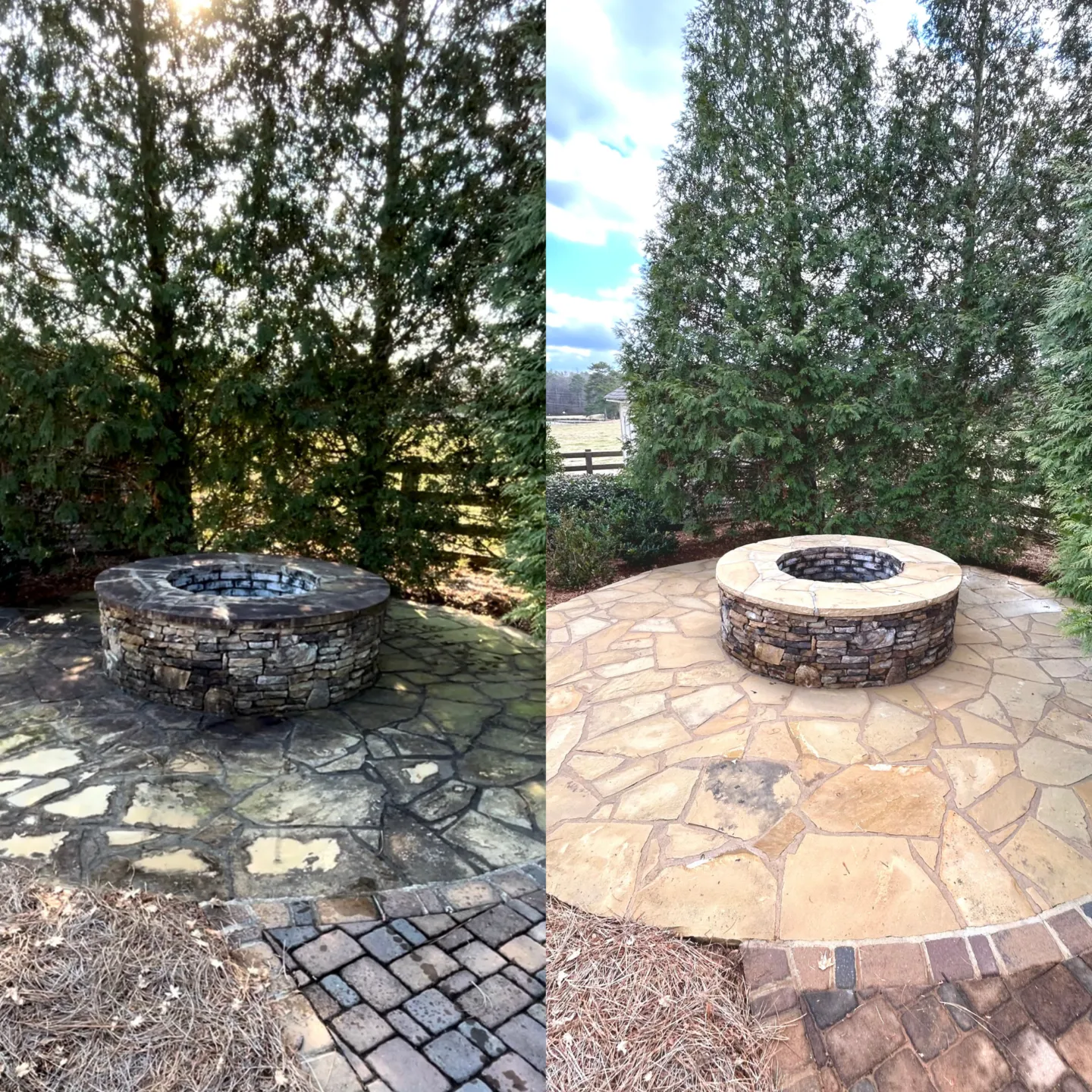 Before and after of a cleaned fire pit patio area