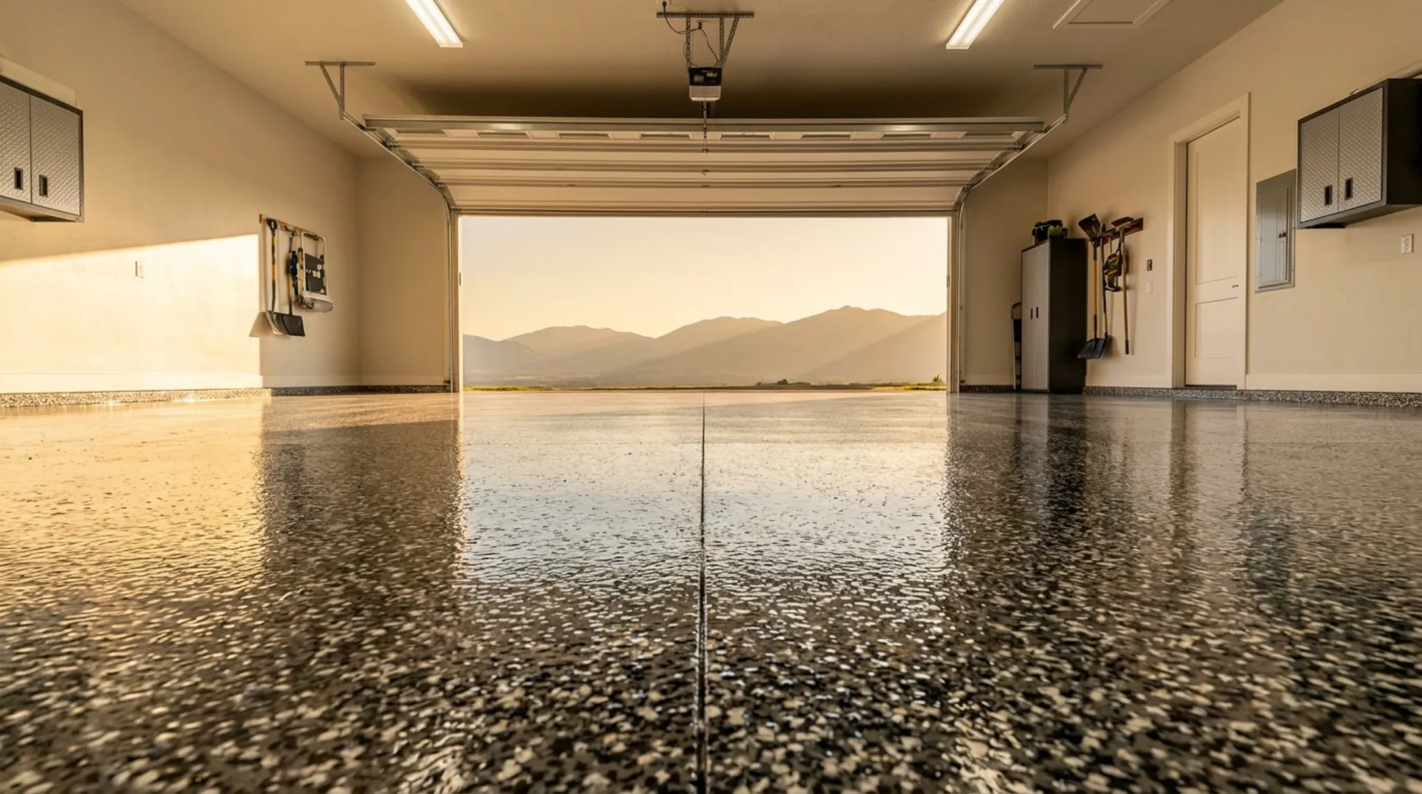 Finished epoxy flake garage floor installed by Bluestone Surfaces