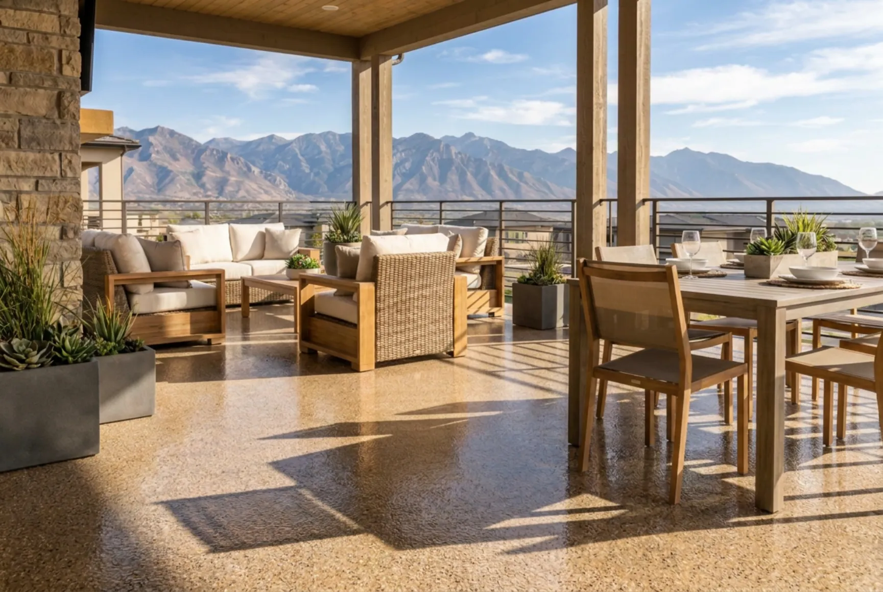 Coated concrete patio with an anti-slip flake finish