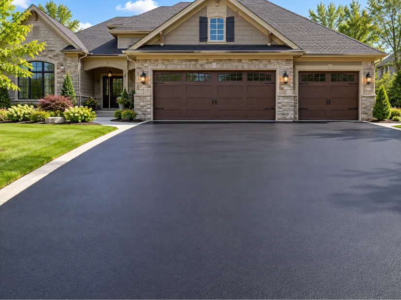 A freshly sealcoated black asphalt driveway in front of a stone-front home with a three-car garage