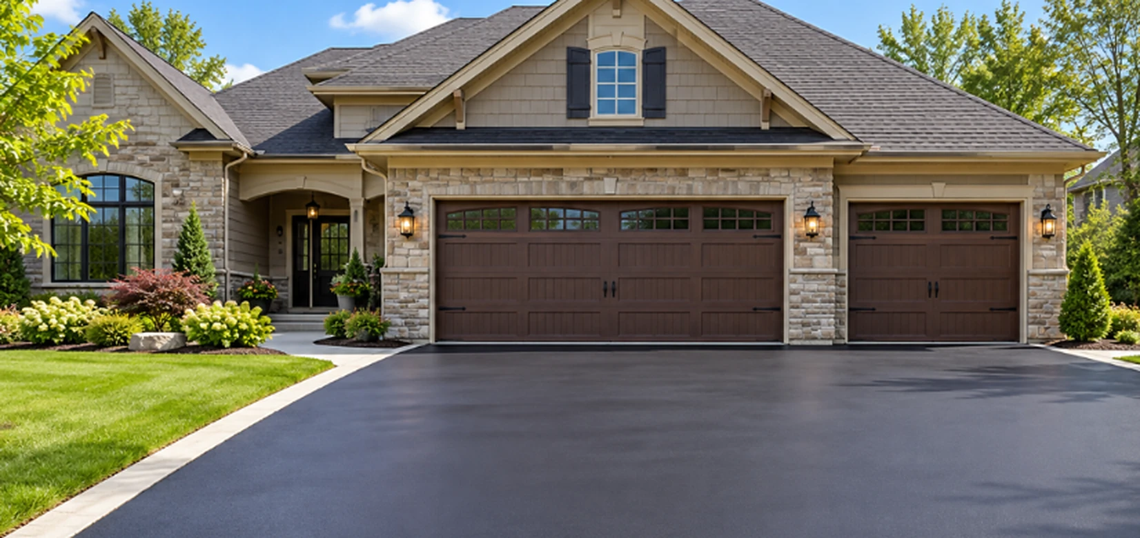 A freshly sealcoated black asphalt driveway in front of a stone-front home with a three-car garage