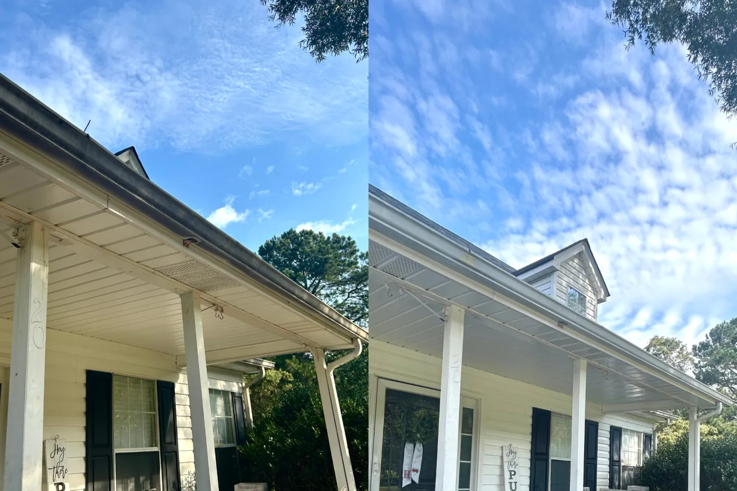 Before and after of staining cleaned from under a gutter line