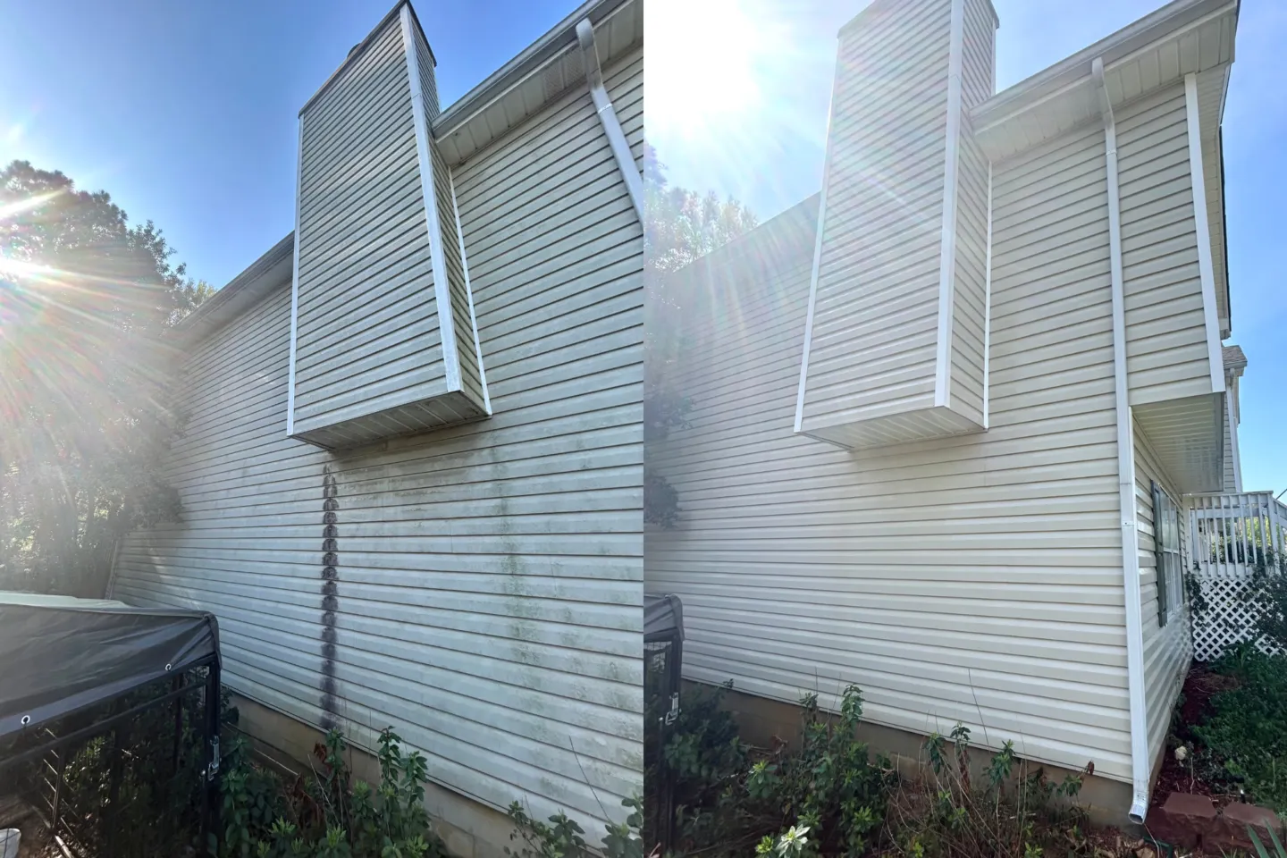 Before and after of soft washed vinyl siding with staining removed